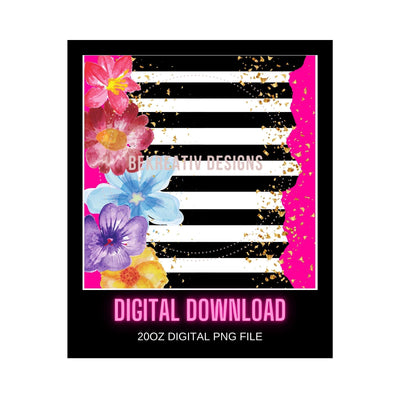 Tumbler Design -20 OZ Tumbler PNG file, digital download, PNG digital download, digital download,Black white stripe design, and flower png